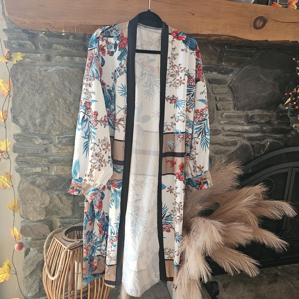 Floral Open-Front Kimono Jacket